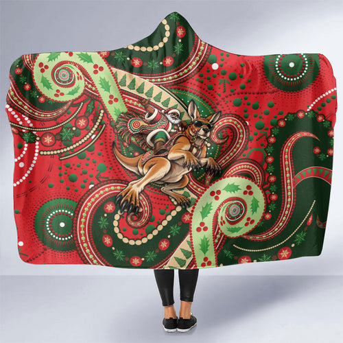 Aboriginal Christmas Hooded Blanket Santa Riding Leaping Kangaroo Dot Pattern