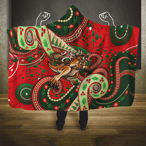 Aboriginal Christmas Hooded Blanket Santa Riding Leaping Kangaroo Dot Pattern