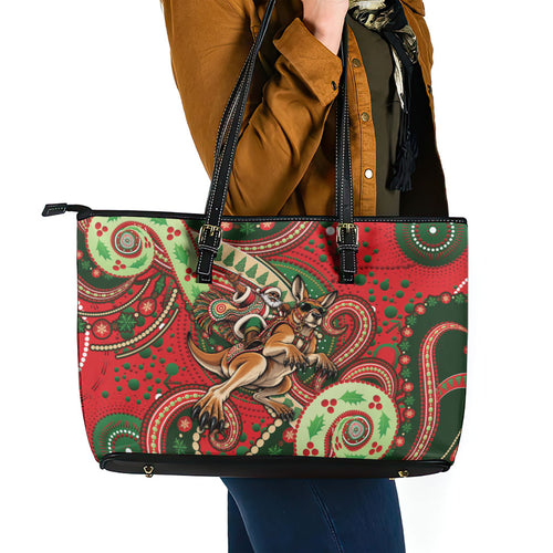 Aboriginal Christmas Leather Tote Bag Santa Riding Leaping Kangaroo Dot Pattern