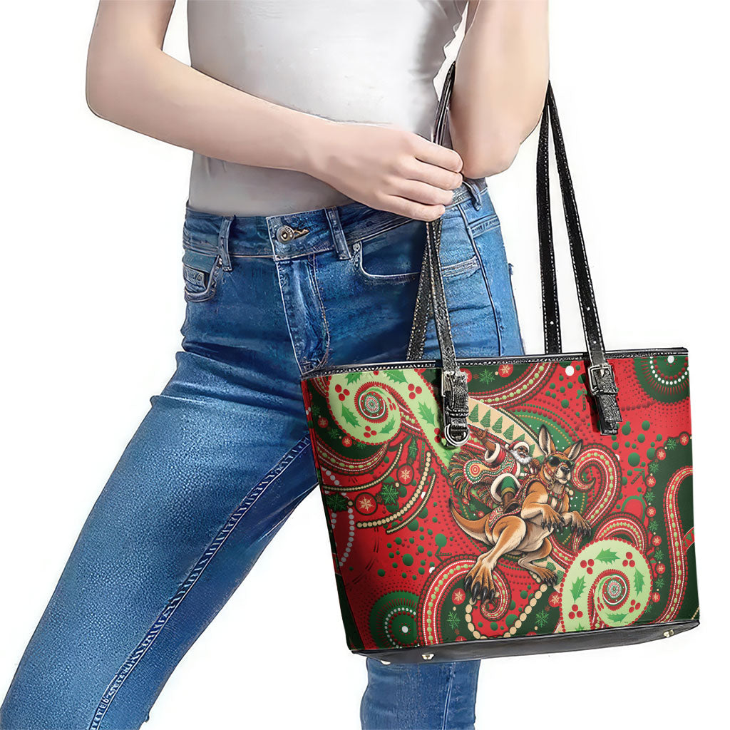 Aboriginal Christmas Leather Tote Bag Santa Riding Leaping Kangaroo Dot Pattern