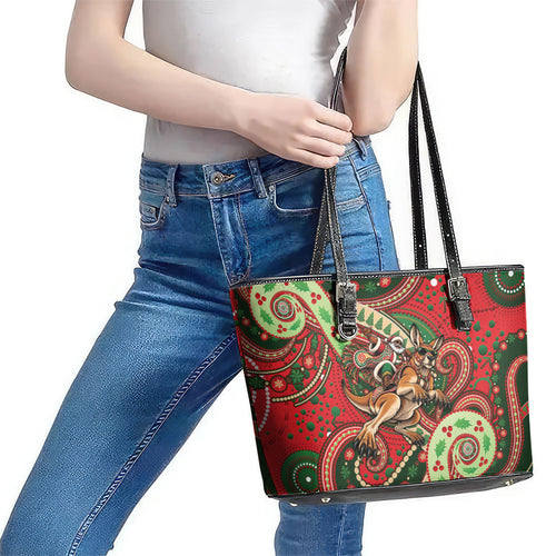 Aboriginal Christmas Leather Tote Bag Santa Riding Leaping Kangaroo Dot Pattern