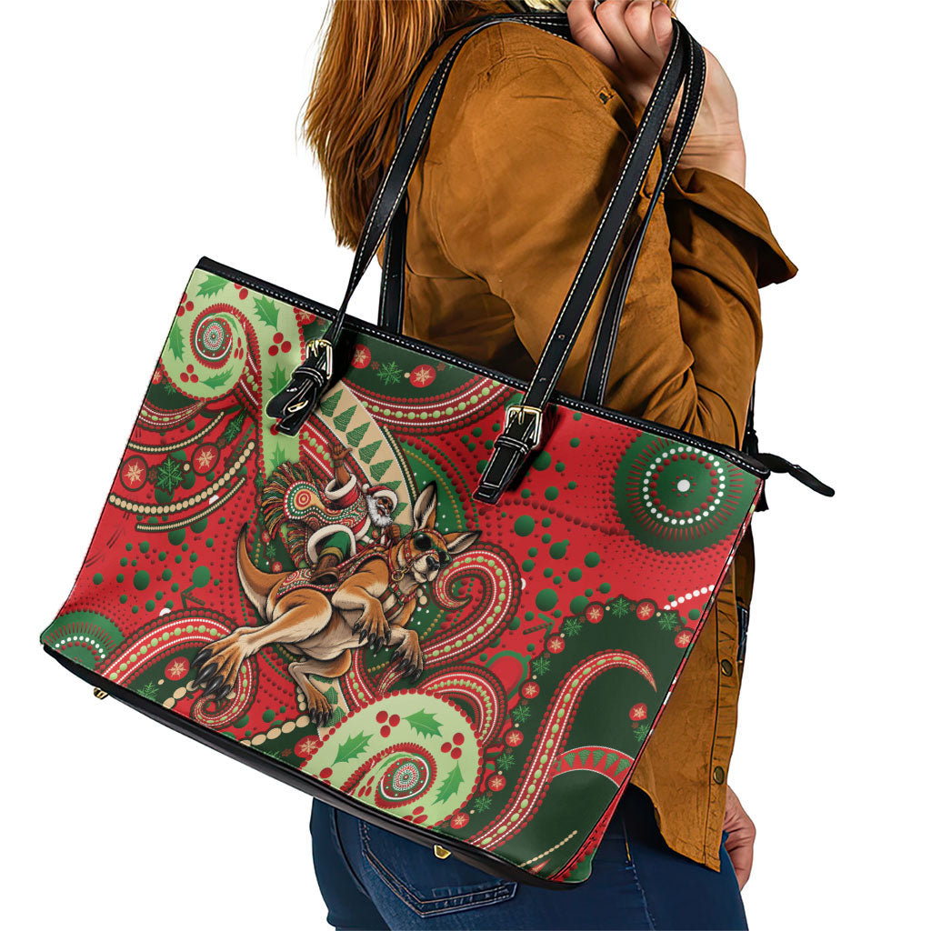 Aboriginal Christmas Leather Tote Bag Santa Riding Leaping Kangaroo Dot Pattern