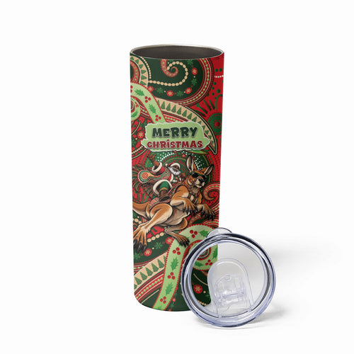 Aboriginal Christmas Skinny Tumbler Santa Riding Leaping Kangaroo Dot Pattern