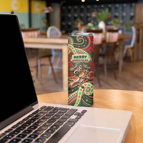 Aboriginal Christmas Skinny Tumbler Santa Riding Leaping Kangaroo Dot Pattern