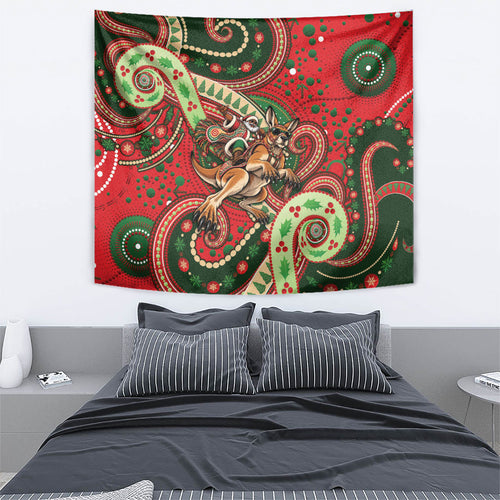 Aboriginal Christmas Tapestry Santa Riding Leaping Kangaroo Dot Pattern