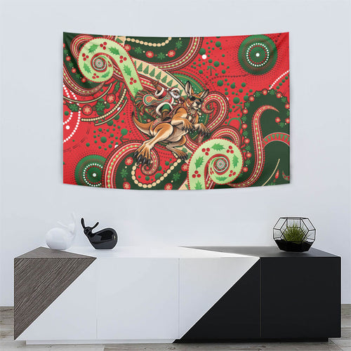 Aboriginal Christmas Tapestry Santa Riding Leaping Kangaroo Dot Pattern