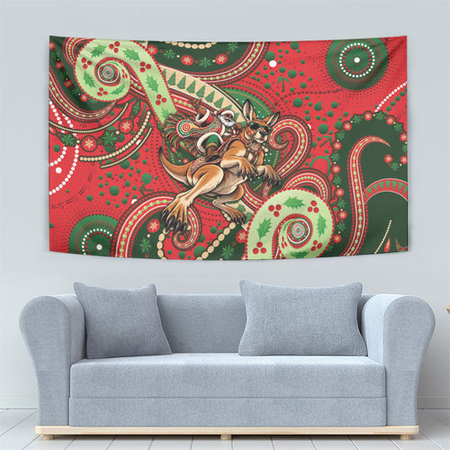 Aboriginal Christmas Tapestry Santa Riding Leaping Kangaroo Dot Pattern