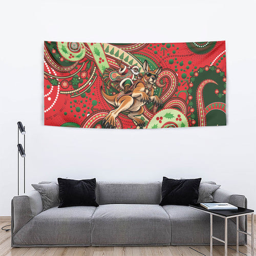 Aboriginal Christmas Tapestry Santa Riding Leaping Kangaroo Dot Pattern