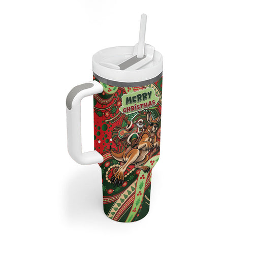 Aboriginal Christmas Tumbler With Handle Santa Riding Leaping Kangaroo Dot Pattern