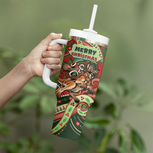 Aboriginal Christmas Tumbler With Handle Santa Riding Leaping Kangaroo Dot Pattern