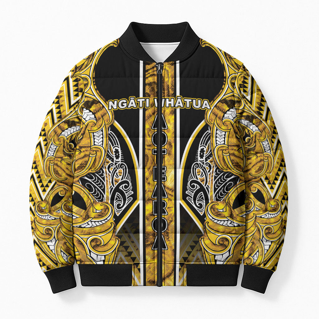 Aotearoa Ngati Whatua Bomber Puffer Jacket Maori Tribal Gold Paua Shell Pattern