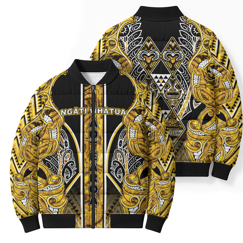 Aotearoa Ngati Whatua Bomber Puffer Jacket Maori Tribal Gold Paua Shell Pattern