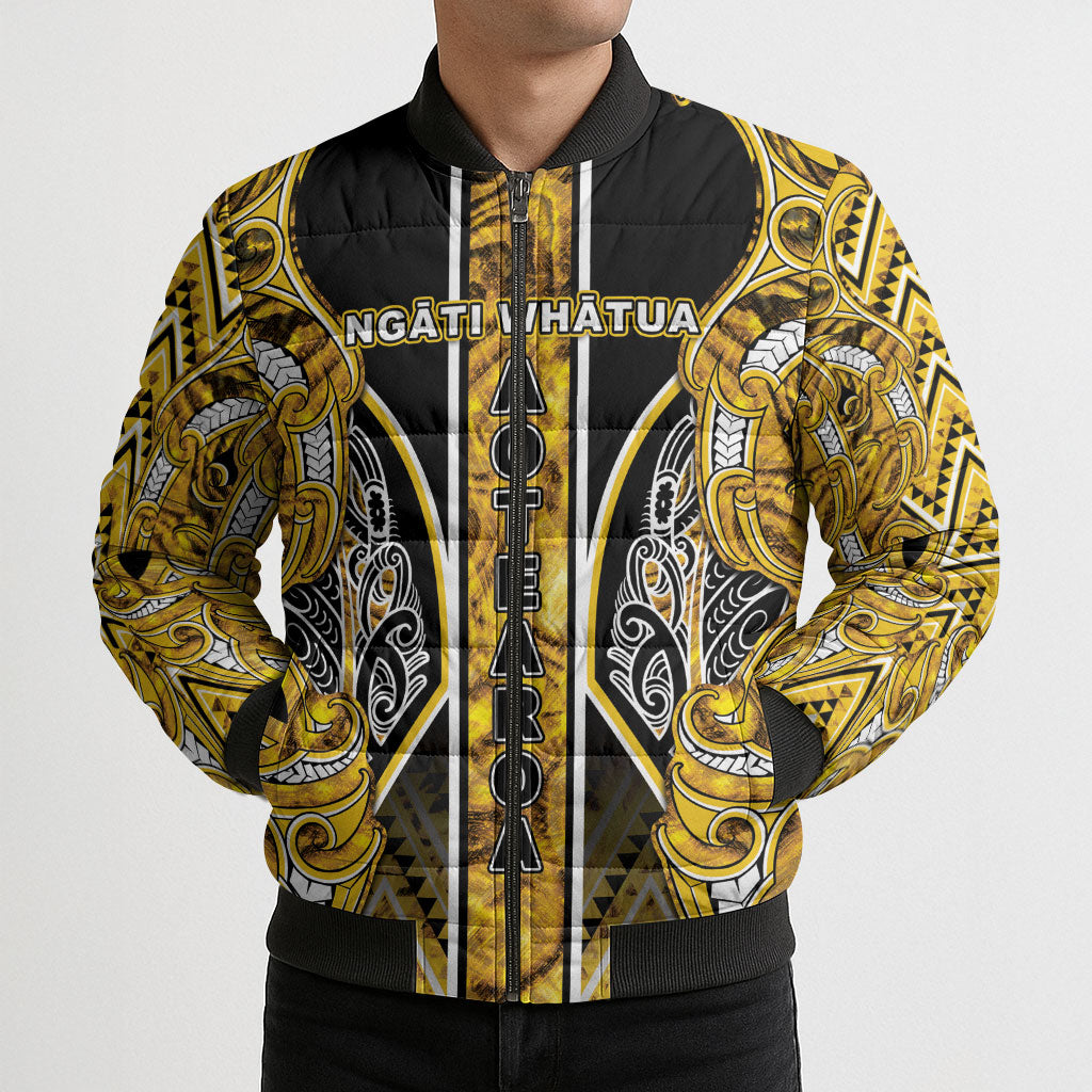 Aotearoa Ngati Whatua Bomber Puffer Jacket Maori Tribal Gold Paua Shell Pattern