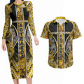 Aotearoa Ngati Whatua Couples Matching Long Sleeve Bodycon Dress and Hawaiian Shirt Maori Tribal Gold Paua Shell Pattern
