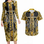 Aotearoa Ngati Whatua Couples Matching Long Sleeve Bodycon Dress and Hawaiian Shirt Maori Tribal Gold Paua Shell Pattern