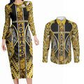 Aotearoa Ngati Whatua Couples Matching Long Sleeve Bodycon Dress and Long Sleeve Button Shirt Maori Tribal Gold Paua Shell Pattern