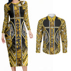 Aotearoa Ngati Whatua Couples Matching Long Sleeve Bodycon Dress and Long Sleeve Button Shirt Maori Tribal Gold Paua Shell Pattern
