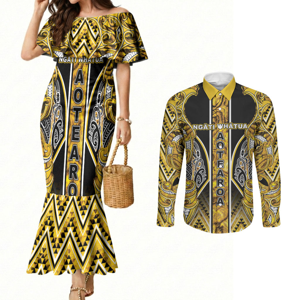Aotearoa Ngati Whatua Couples Matching Mermaid Dress and Long Sleeve Button Shirt Maori Tribal Gold Paua Shell Pattern