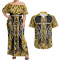 Aotearoa Ngati Whatua Couples Matching Off Shoulder Maxi Dress and Hawaiian Shirt Maori Tribal Gold Paua Shell Pattern