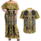 Aotearoa Ngati Whatua Couples Matching Off Shoulder Maxi Dress and Hawaiian Shirt Maori Tribal Gold Paua Shell Pattern