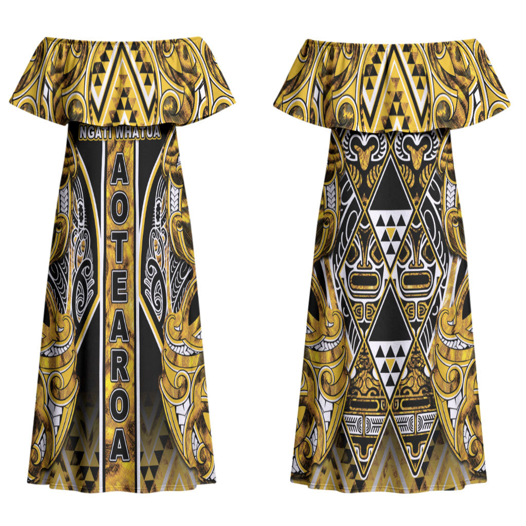 Aotearoa Ngati Whatua Couples Matching Off Shoulder Maxi Dress and Hawaiian Shirt Maori Tribal Gold Paua Shell Pattern