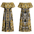 Aotearoa Ngati Whatua Couples Matching Off Shoulder Maxi Dress and Hawaiian Shirt Maori Tribal Gold Paua Shell Pattern