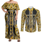 Aotearoa Ngati Whatua Couples Matching Off Shoulder Maxi Dress and Long Sleeve Button Shirt Maori Tribal Gold Paua Shell Pattern