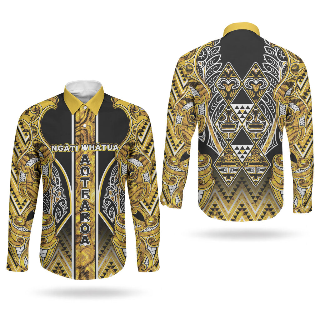 Aotearoa Ngati Whatua Couples Matching Off Shoulder Maxi Dress and Long Sleeve Button Shirt Maori Tribal Gold Paua Shell Pattern