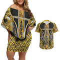 Aotearoa Ngati Whatua Couples Matching Off Shoulder Short Dress and Hawaiian Shirt Maori Tribal Gold Paua Shell Pattern