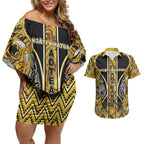 Aotearoa Ngati Whatua Couples Matching Off Shoulder Short Dress and Hawaiian Shirt Maori Tribal Gold Paua Shell Pattern