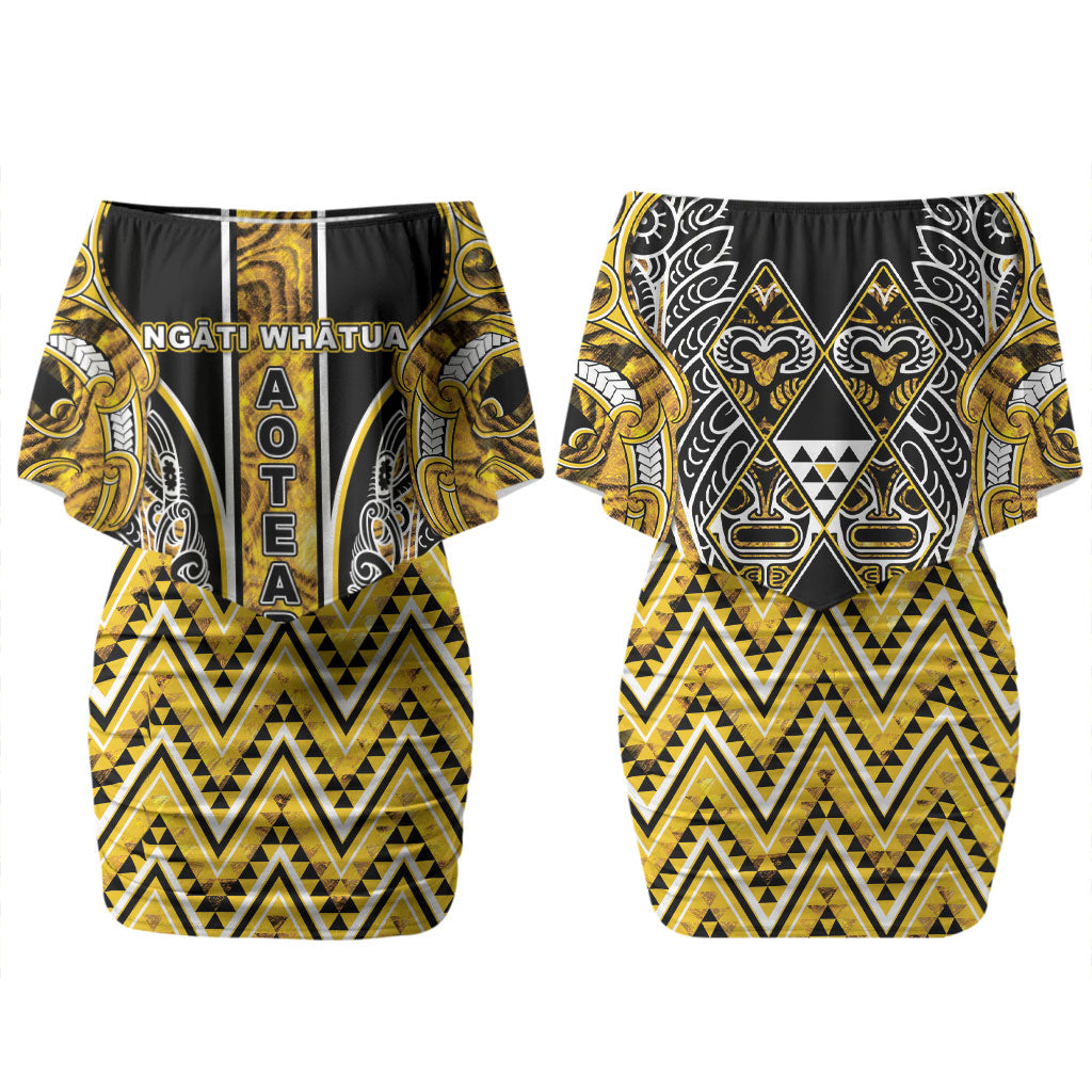 Aotearoa Ngati Whatua Couples Matching Off Shoulder Short Dress and Hawaiian Shirt Maori Tribal Gold Paua Shell Pattern