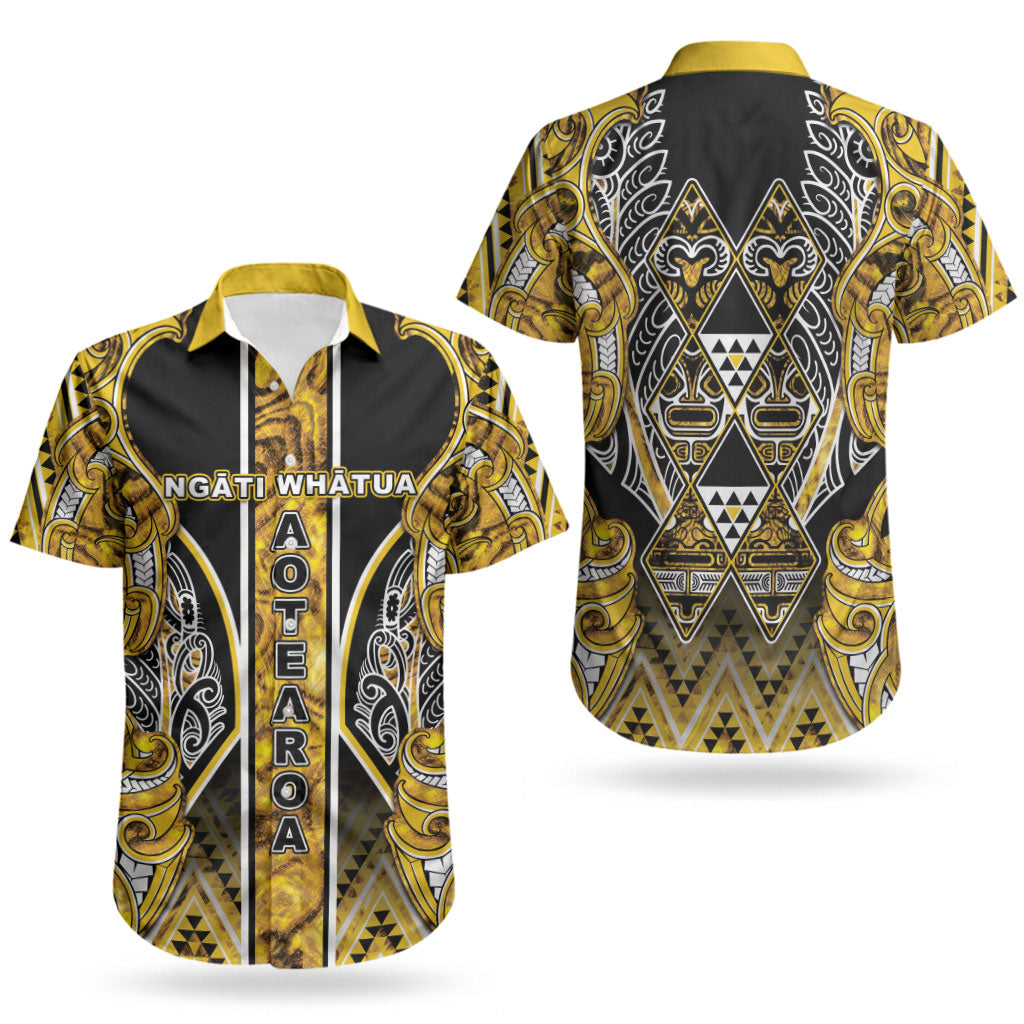 Aotearoa Ngati Whatua Couples Matching Off Shoulder Short Dress and Hawaiian Shirt Maori Tribal Gold Paua Shell Pattern