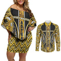 Aotearoa Ngati Whatua Couples Matching Off Shoulder Short Dress and Long Sleeve Button Shirt Maori Tribal Gold Paua Shell Pattern
