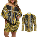 Aotearoa Ngati Whatua Couples Matching Off Shoulder Short Dress and Long Sleeve Button Shirt Maori Tribal Gold Paua Shell Pattern