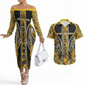 Aotearoa Ngati Whatua Couples Matching Off The Shoulder Long Sleeve Dress and Hawaiian Shirt Maori Tribal Gold Paua Shell Pattern