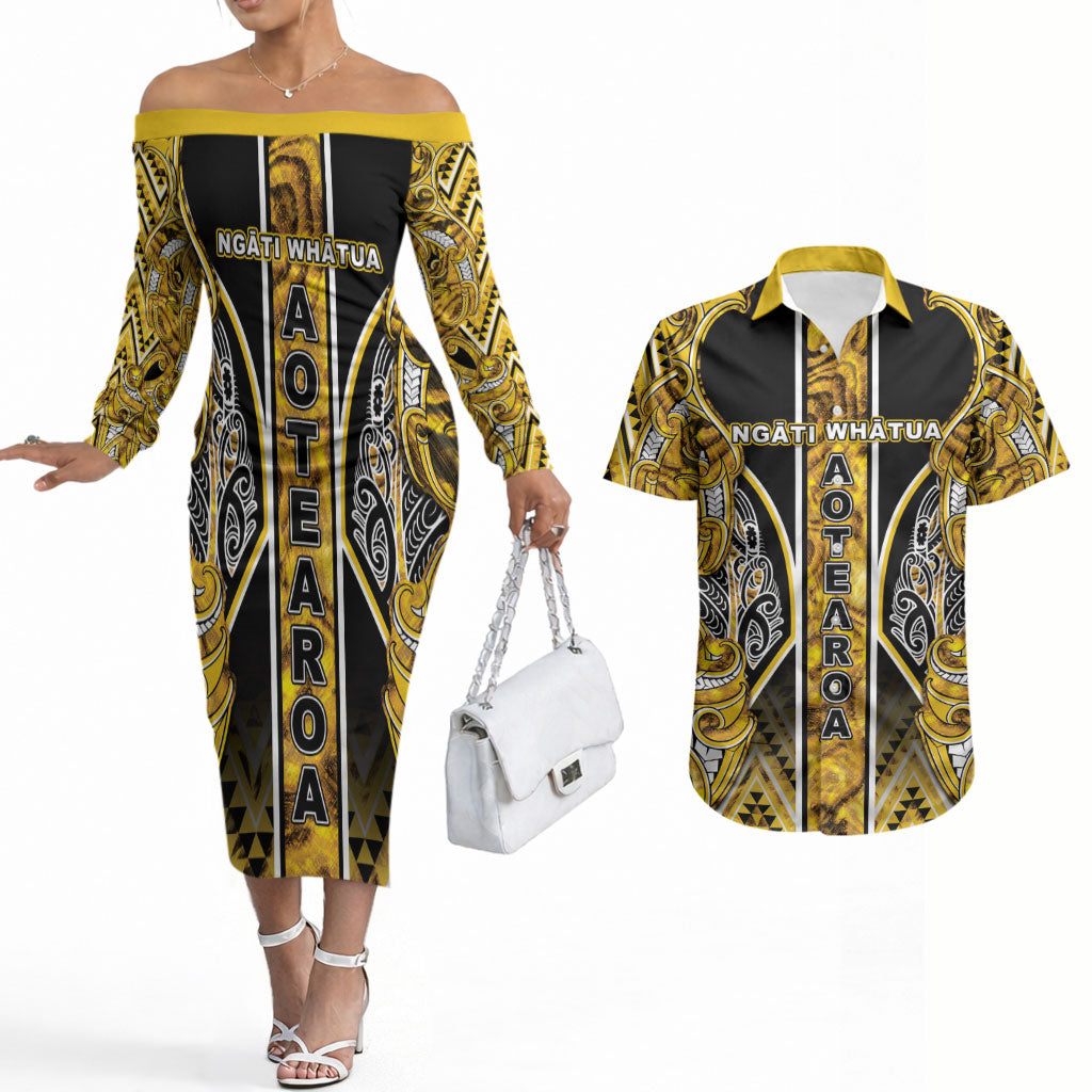 Aotearoa Ngati Whatua Couples Matching Off The Shoulder Long Sleeve Dress and Hawaiian Shirt Maori Tribal Gold Paua Shell Pattern