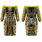 Aotearoa Ngati Whatua Couples Matching Off The Shoulder Long Sleeve Dress and Hawaiian Shirt Maori Tribal Gold Paua Shell Pattern