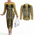 Aotearoa Ngati Whatua Couples Matching Off The Shoulder Long Sleeve Dress and Long Sleeve Button Shirt Maori Tribal Gold Paua Shell Pattern