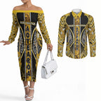 Aotearoa Ngati Whatua Couples Matching Off The Shoulder Long Sleeve Dress and Long Sleeve Button Shirt Maori Tribal Gold Paua Shell Pattern