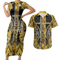 Aotearoa Ngati Whatua Couples Matching Short Sleeve Bodycon Dress and Hawaiian Shirt Maori Tribal Gold Paua Shell Pattern