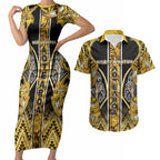Aotearoa Ngati Whatua Couples Matching Short Sleeve Bodycon Dress and Hawaiian Shirt Maori Tribal Gold Paua Shell Pattern