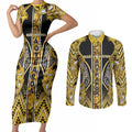 Aotearoa Ngati Whatua Couples Matching Short Sleeve Bodycon Dress and Long Sleeve Button Shirt Maori Tribal Gold Paua Shell Pattern