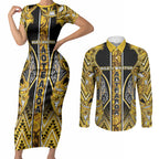Aotearoa Ngati Whatua Couples Matching Short Sleeve Bodycon Dress and Long Sleeve Button Shirt Maori Tribal Gold Paua Shell Pattern