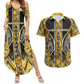 Aotearoa Ngati Whatua Couples Matching Summer Maxi Dress and Hawaiian Shirt Maori Tribal Gold Paua Shell Pattern