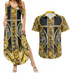 Aotearoa Ngati Whatua Couples Matching Summer Maxi Dress and Hawaiian Shirt Maori Tribal Gold Paua Shell Pattern