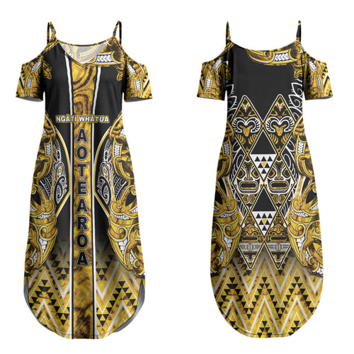 Aotearoa Ngati Whatua Couples Matching Summer Maxi Dress and Long Sleeve Button Shirt Maori Tribal Gold Paua Shell Pattern