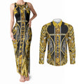 Aotearoa Ngati Whatua Couples Matching Tank Maxi Dress and Long Sleeve Button Shirt Maori Tribal Gold Paua Shell Pattern