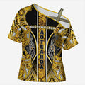 Aotearoa Ngati Whatua Cross Shoulder Shirt Maori Tribal Gold Paua Shell Pattern