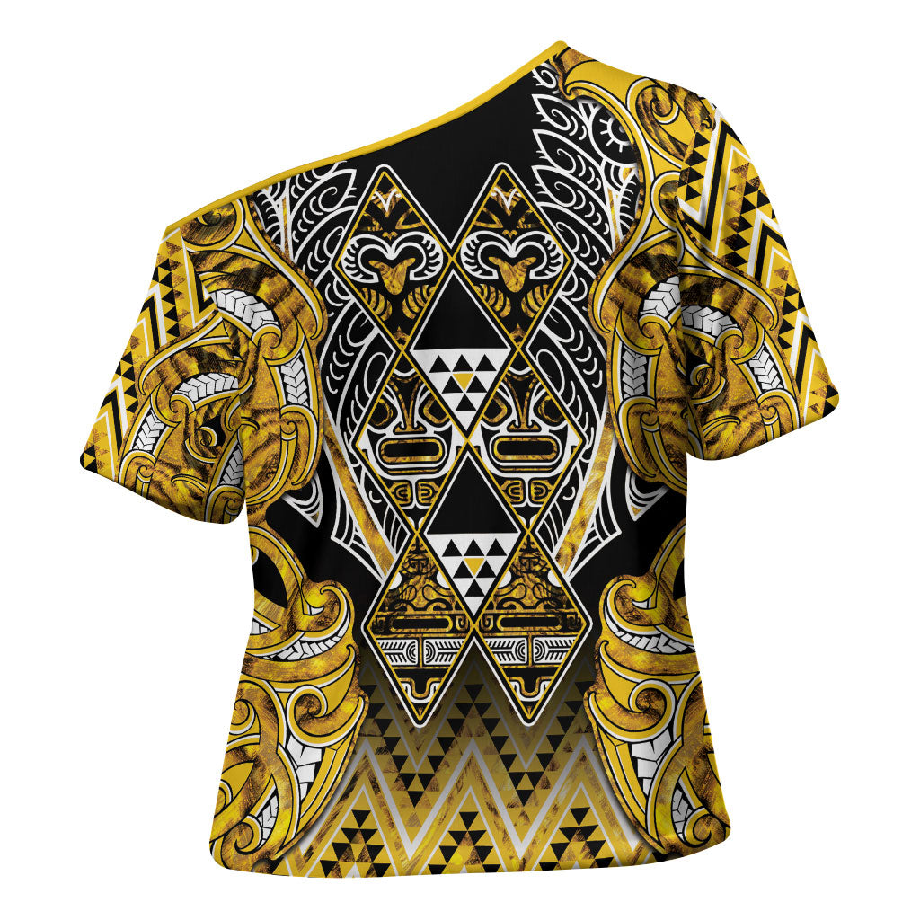 Aotearoa Ngati Whatua Cross Shoulder Shirt Maori Tribal Gold Paua Shell Pattern