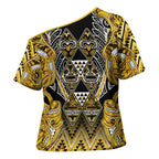 Aotearoa Ngati Whatua Cross Shoulder Shirt Maori Tribal Gold Paua Shell Pattern